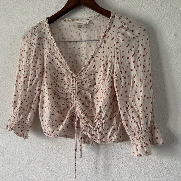 Ruched Cropped Top Cream and Rust Brown Polka Dot Medium Feminine Boho Prairie - Picture 4 of 9